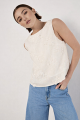 Apricot floral Applique Top / Ecru Linen