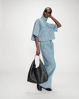 Grace & Mila Vita Cropped Denim Shirt Jacket / Blue PinStripe