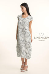 Linen Luv Dress / Beige-Black leaf Print