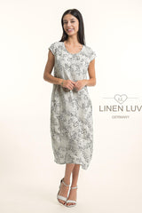Linen Luv Dress / Beige-Black leaf Print