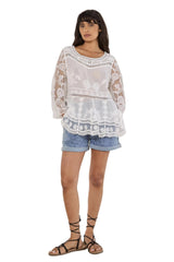 Apricot Embroidered Mesh Oversized Peplum Top / White