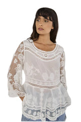 Apricot Embroidered Mesh Oversized Peplum Top / White