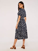 Apricot Falling Leaves Wrap Dress - Navy & White