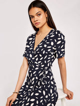 Apricot Falling Leaves Wrap Dress - Navy & White