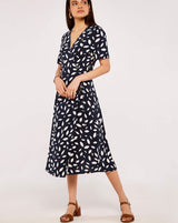 Apricot Falling Leaves Wrap Dress - Navy & White