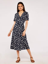 Apricot Falling Leaves Wrap Dress - Navy & White