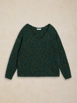 White Stuff Textured V-Neck Sweater /  Dark Green