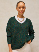 White Stuff Textured V-Neck Sweater /  Dark Green