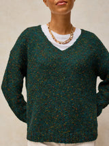 White Stuff Textured V-Neck Sweater /  Dark Green