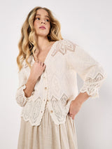 Apricot Embroidered Mesh Button Down Top/ Ivory