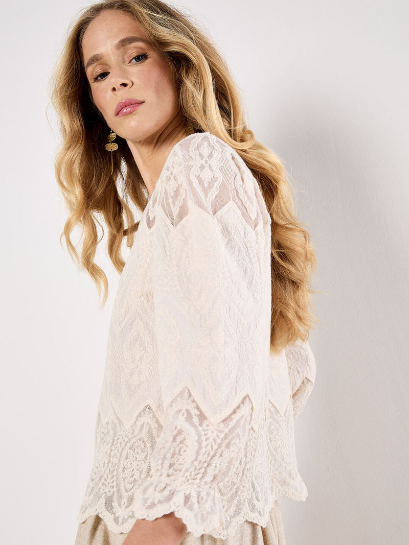 Apricot Embroidered Mesh Button Down Top/ Ivory
