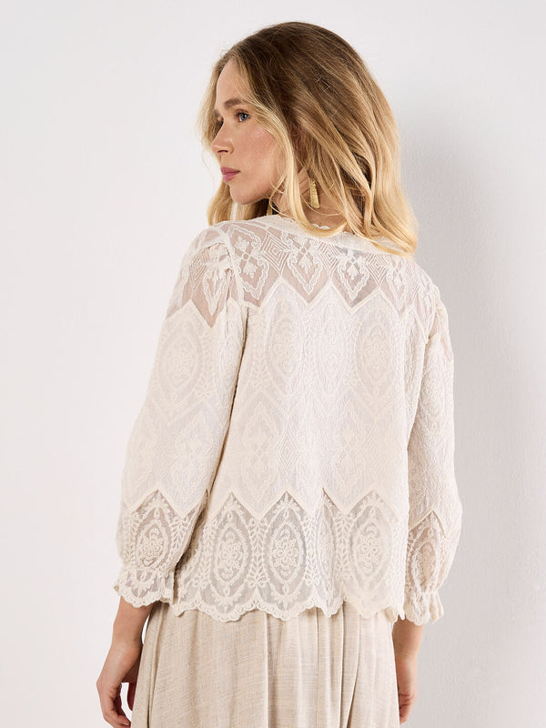 Apricot Embroidered Mesh Button Down Top/ Ivory