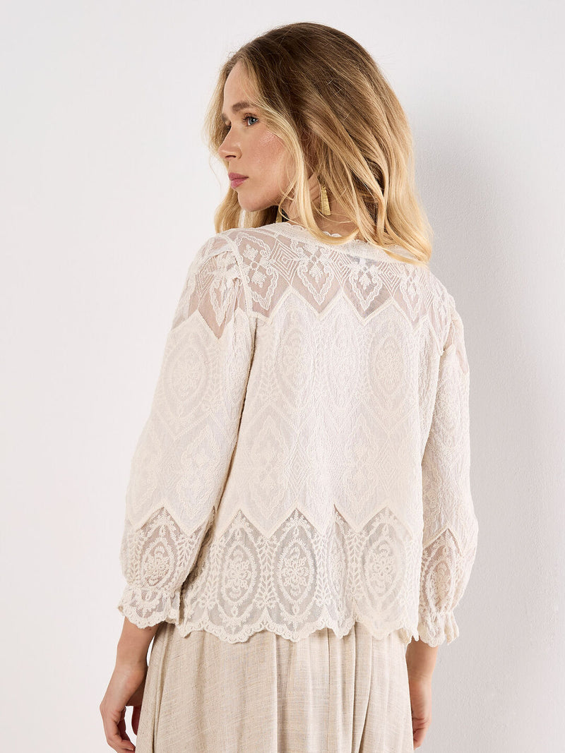Apricot Embroidered Mesh Button Down Top/ Ivory