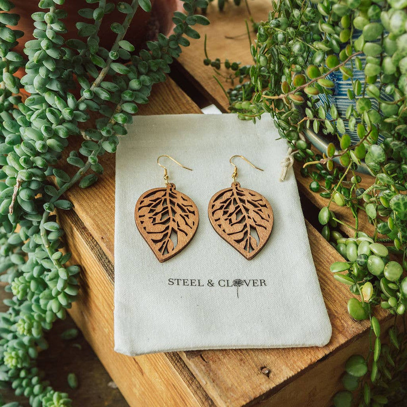 Aspen Wooden Leaf Earrings / White