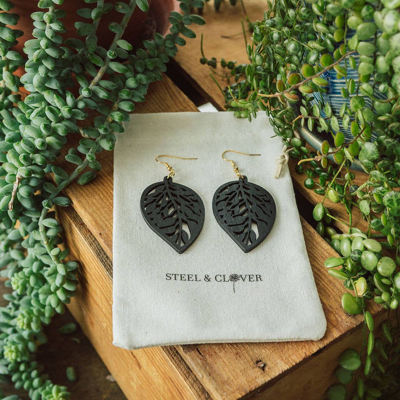 Aspen Wooden Leaf Earrings / White