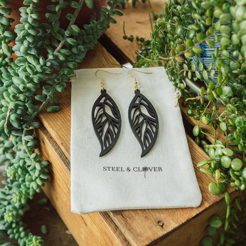 Steel & Clover Willow Modern Chic Wooden Leaf Earring: Brown