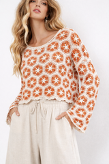Apricot Crocheted Hexagons Sweater / Terra Cotta-natural