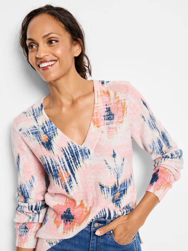 Nic & Zoe Waffle V-Neck Sweater (Floral)