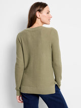 Nic & Zoe Waffle V-Neck Sweater (Olive)