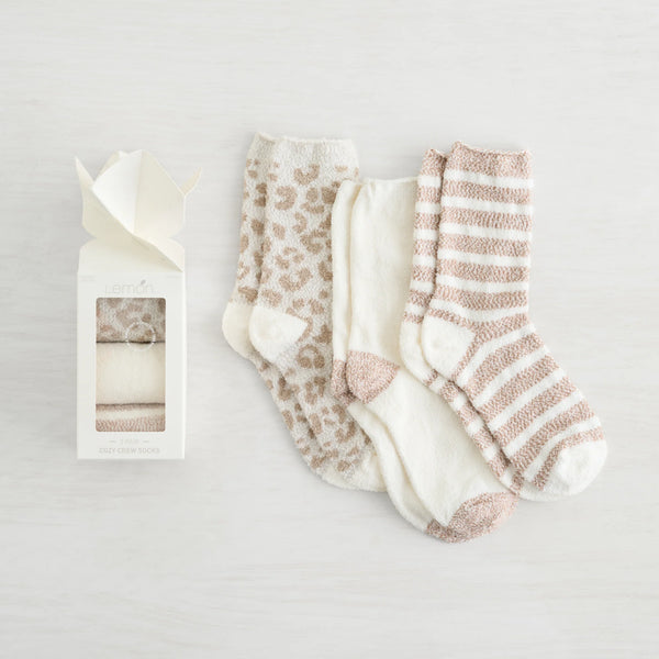 3 Pack Cozy Crew Sock Gift Box / Buff Taupe Mix