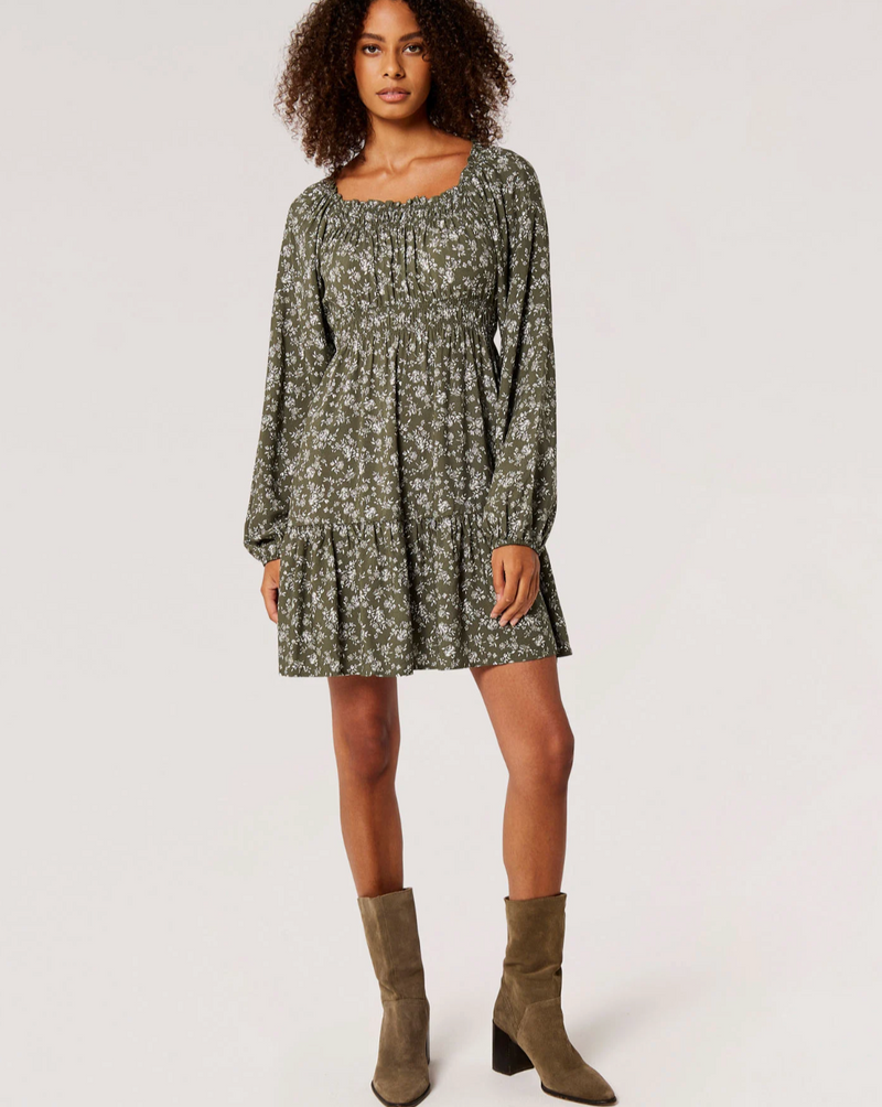 Apricot ditsy Floral Dress Khaki shopdidisboutique