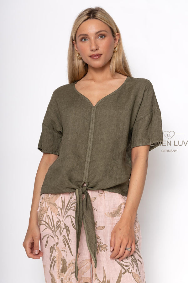 Linen Luv Tie  Blouse/ Olive