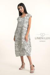 Linen Luv Dress / Beige-Black leaf Print