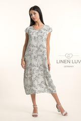 Linen Luv Dress / Beige-Black leaf Print