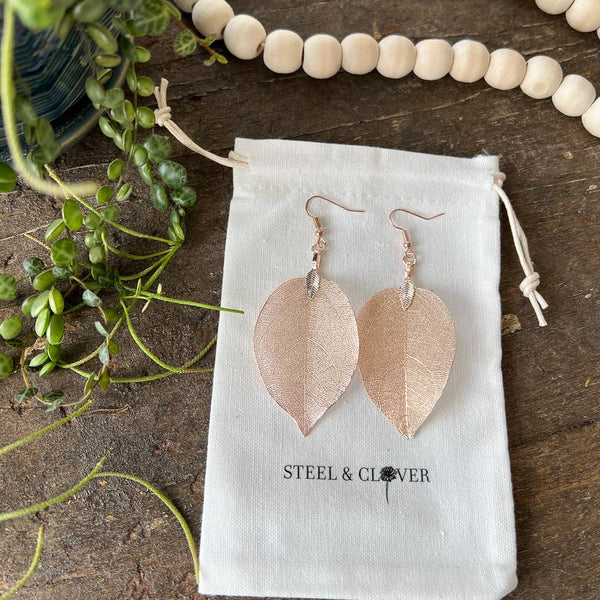 Steel & Clover Rose Gold Real Leaf Earring