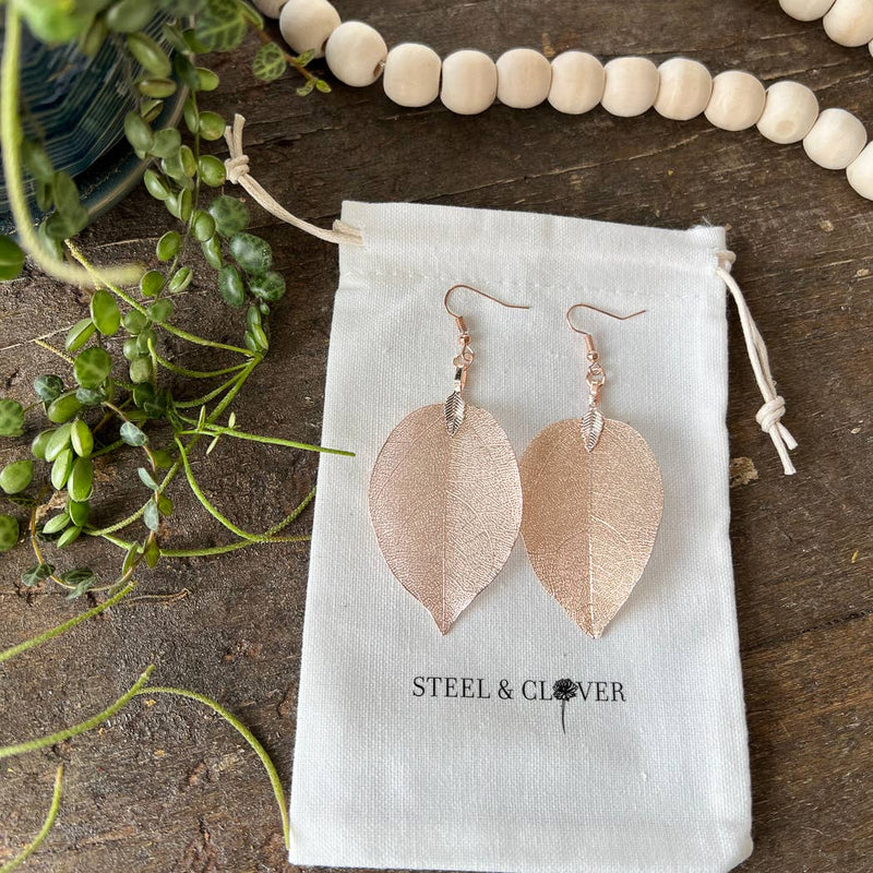 Steel & Clover Rose Gold Real Leaf Earring: 9 cm