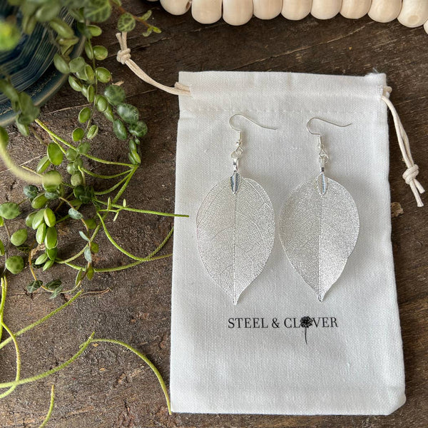 Steel & Clover Silver Real Leaf Earrings: 8 cm