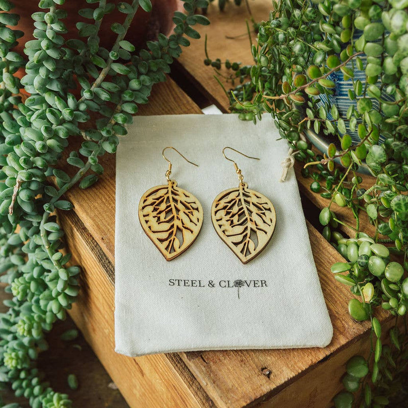 Steel & Clover Aspen Wooden Leaf Earrings: Birch