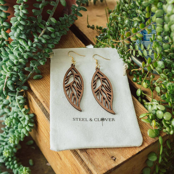 Steel & Clover Willow Modern Chic Wooden Leaf Earring: Brown