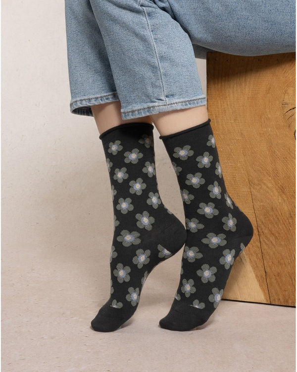 Bleuforêt Fine Wool Floral Socks / Black